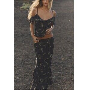 Zara Printed Tulle Mesh Set Maxi Skirt Tank Top Black Floral Size Medium